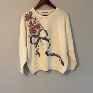 Alfred Dunner Ivory Sweater with Floral and Ribbon Design